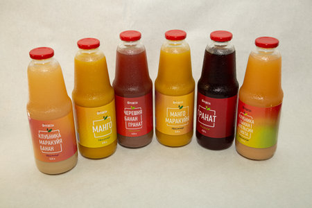 Bottles of Mango Juice. Mango Juice is a non-alcoholic soft drink produced and manufactured byのeditorial素材