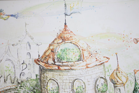 Watercolor painting on the wall of the temple. abstract background.の写真素材