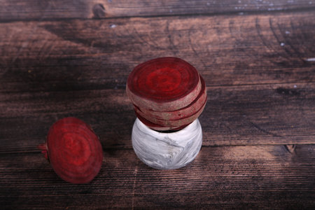 Fresh raw beetroot on wooden background. top view. copyspace.