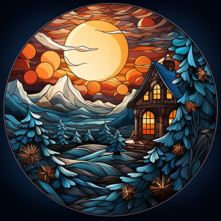 Illustration in the style of stained glass with a house in the forest at sunsetの素材