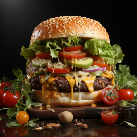 Cheese burger - American cheese burger with fresh vegetables on black backgroundの素材