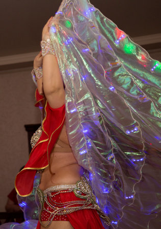 Beautiful belly dancer in a red sari and a transparent veilの写真素材