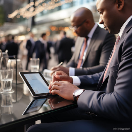 Businessman using digital tablet in outdoor cafe. Business people using tablet.の素材