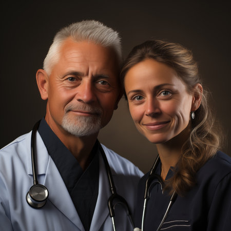 Portrait of a doctor and nurse with stethoscope on a dark backgroundの素材