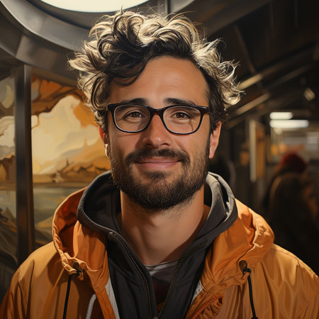 Portrait of a handsome young man with beard and glasses in the cityの素材