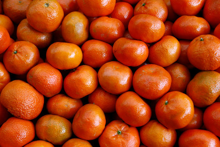 Ripe tangerines on the counter of the store. Tangerine backgroundの写真素材