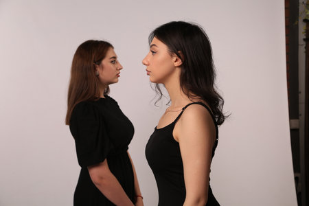 Portrait of two women in black evening dresses looking at each otherの写真素材