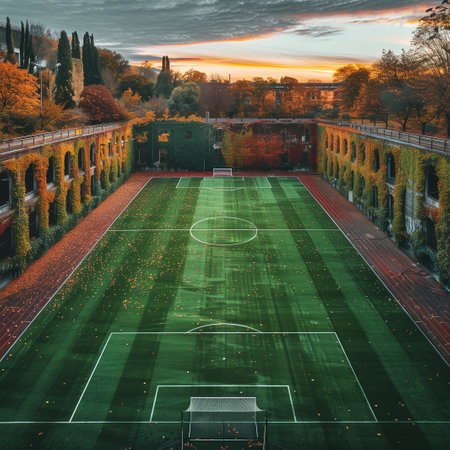 Aerial view of a soccer field in the park at sunset.の素材