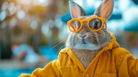 Cute rabbit in yellow jacket and orange sunglasses on blurred background.の素材