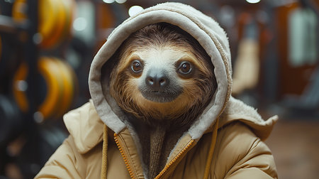 Portrait of a cute sloth in a warm raincoat.の素材