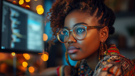 Portrait of a beautiful young African American woman in eyeglasses.の素材