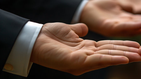 Close up of two hands of business people giving each other a handshakeの素材