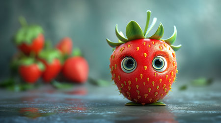Funny strawberry with eyes on a gray background. 3d renderingの素材