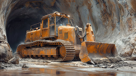 Bulldozer in a mine. 3D render. Toned.の素材