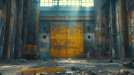 Industrial interior with old rusty door. 3d render illustration.の素材