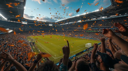 Football fans cheering and supporting their team at the stadium. Mixed mediaの素材