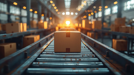 Boxes on conveyor belt in warehouse. 3d rendering.の素材