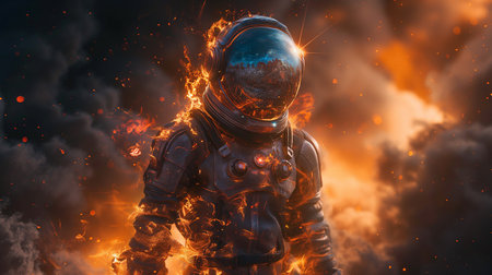 Astronaut in space suit on fire background. 3d renderingの素材