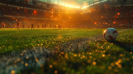 3d rendering of a soccer field with lights and players on itの素材