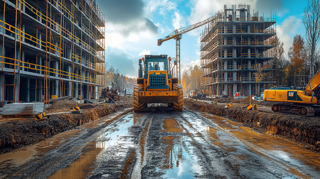 Excavator working on a construction site. Moscow, Russia.の素材