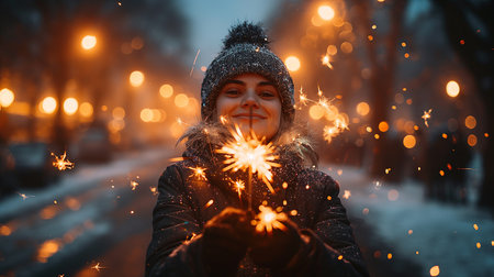 Happy young woman holding sparklers in her hands on the background of the winter city.の素材