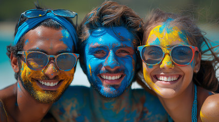 Close up portrait of happy multiethnic group of friends having fun with painted faces outdoorsの素材