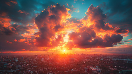 Aerial view of the city at sunset. Beautiful sky with clouds.の素材