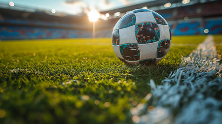 Soccer ball on the green grass of a football field in sunset light.の素材