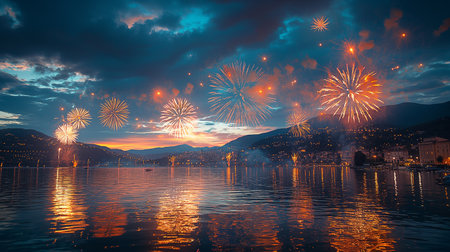 Fireworks over Lake Lucerne at night, Luzern, Switzerlandの素材