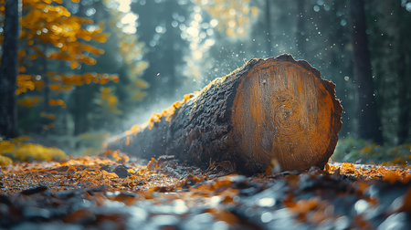 Wooden log on the ground in the forest in autumn. Nature backgroundの素材