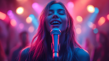 Portrait of a beautiful girl singing into a microphone in a nightclubの素材