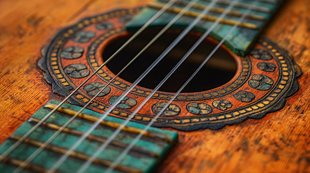 Acoustic guitar on a wooden background. Close-up. Selective focus.の素材