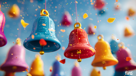Colorful bell with confetti on blue background. 3D renderingの素材