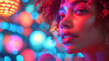 Beautiful african american woman with afro hairstyle and colorful lights on backgroundの素材