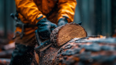 Close-up of a lumberjack cutting a log with a chainsaw.の素材