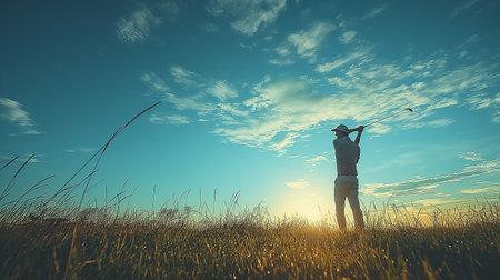 Silhouette of a man playing golf on the meadow.の素材