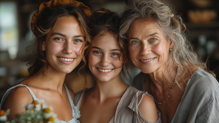 Portrait of three generations of women. Grandmother, grandmother and granddaughter are looking at camera and smiling.の素材