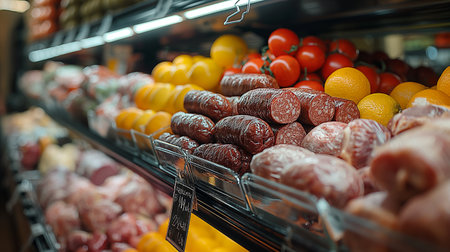 Assortment of sausages in supermarket, shallow depth of fieldの素材