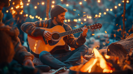 Handsome young man playing guitar near bonfire in the forestの素材