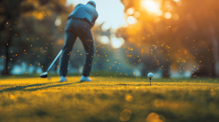 Golf player hitting the ball on the golf course at sunset.の素材
