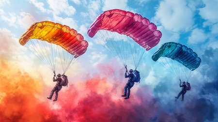 Skydiving and business travel concept as a group of business people flying on a parachute in the blue sky as a metaphor for teamwork and success.の素材