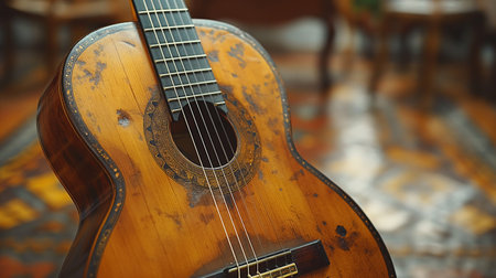 Acoustic guitar on the background of a table in a cafe.の素材