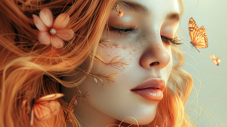 Portrait of a beautiful red-haired girl with butterflies in her hair. Beauty, fashion.の素材