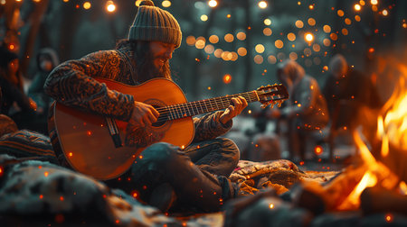 Handsome young man playing guitar at bonfire in autumn forestの素材