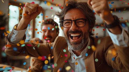 Celebrating success. Cheerful mature man in eyeglasses keeping fists up while celebrating successの素材