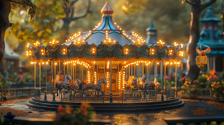 Merry-go-round in the park at sunset. Carousel in the park.の素材