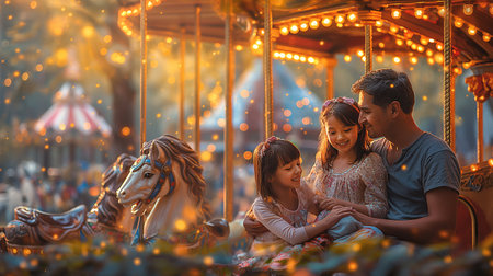 Happy asian family on merry go round carousel in amusement parkの素材