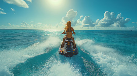 Young woman riding on water scooter in ocean at sunny day. 3d renderingの素材