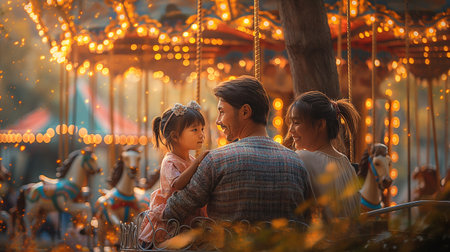 Happy asian family on merry go round carousel in amusement parkの素材