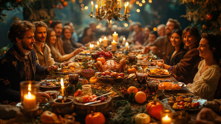 Group of people celebrating christmas at the table in the forest.の素材